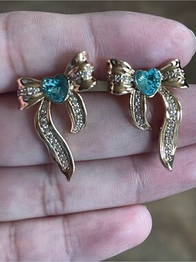 Blue Heart Stone Bow Earrings